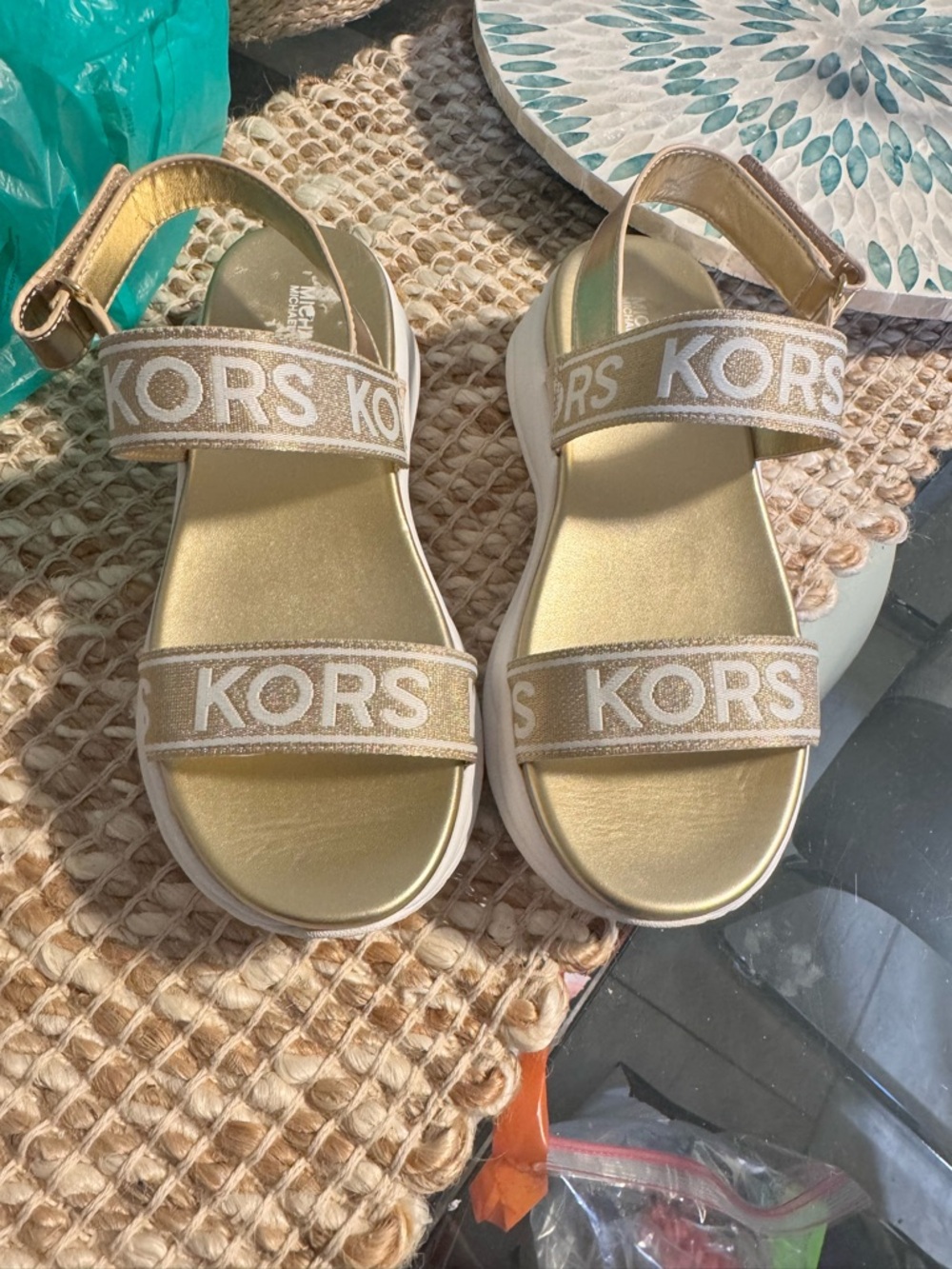 Michael Kors Kids Metallic Gold Logo Strap Sandals